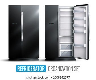 Refrigerator Organization Monochrome Set Of Opened And Closed Empty Wider Fridge On White Background Realistic Vector Illustration 