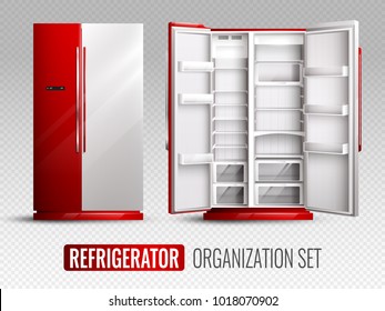 Refrigerator Organization In Red And White Colors With Opened And Closed Empty Fridge On Transparent Background Realistic Vector Illustration 