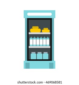 Refrigerator with products in store icon in flat style isolated on white background. Storage symbol