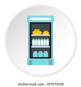 Refrigerator with products in store icon. Flat illustration of refrigerator with products in store vector icon for web