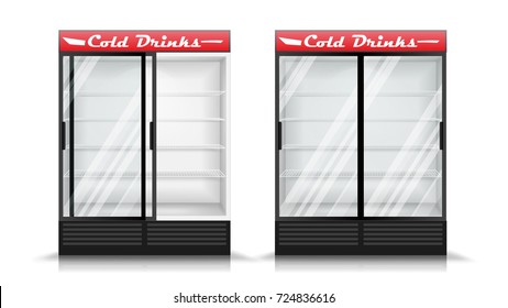 Refrigerator Realistic Vector. Modern vertical Fridge. Front Panel. Two Glass Sliding Doors. Isolated Illustration