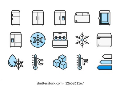 Refrigerator related color line icons. Fridge vector linear colorful icon set. Isolated icon collection on white background.