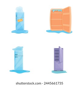 Refrigerator repair icons set cartoon vector. Broken fridge with water flowing. Home appliance, repair service