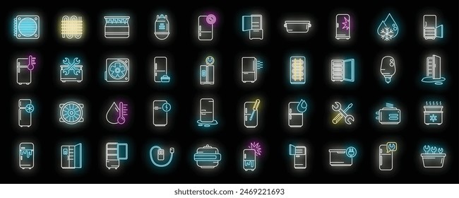 Los iconos de reparación del refrigerador establecen el Vector de contorno. Puerta del refrigerador. Color de neón frío abierto sobre negro