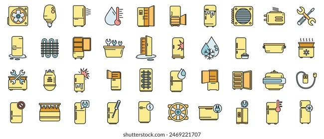 Los iconos de reparación del refrigerador establecen el Vector de contorno. Puerta del refrigerador. Color de línea fina en frío abierto plano sobre blanco