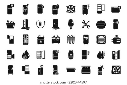 Los iconos de reparación del refrigerador establecen un vector simple. Puerta de la nevera. Frío abierto