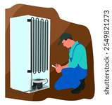 Refrigerator repair service. Expert technician checking broken refrigerator equipment in the kitchen. Refrigeration worker. Flat illustration isolated on white background