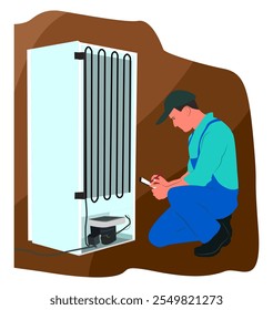 Serviço de reparo de geladeira. Técnico especializado verificando equipamentos de geladeira quebrados na cozinha. Trabalhador de refrigeração. Ilustração plana isolada sobre fundo branco