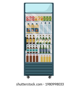 Refrigerator for the sales floor on wheels with drinks in cans and bottles. Cooling cabinet-a display case with beer, soda, juice, and drinking water. Vector flat illustration on a white background.