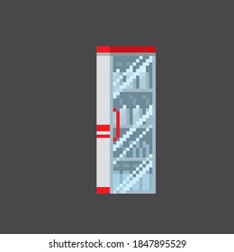 Refrigerator for shops and supermarkets. Pixel art. Old school computer graphic. 8 bit video game. Game assets 8-bit sprite. 16-bit.