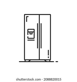 Refrigerator With Side-by-side Double Door System Isolated Outline Icon. Vector Household Appliance Freezer, Fridge Showcase With Two Doors, Industrial Fridge. Kitchen Home Household Equipment