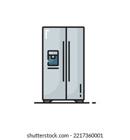 Refrigerator With Side-by-side Double Door System Isolated Grey Color Line Icon. Vector Fridge Showcase With Two Doors, Industrial Fridge. Household Appliance Freezer, Kitchen Home Household Equipment