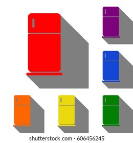Refrigerator sign illustration. Set of red, orange, yellow, green, blue and violet icons at white background with flat shadow.
