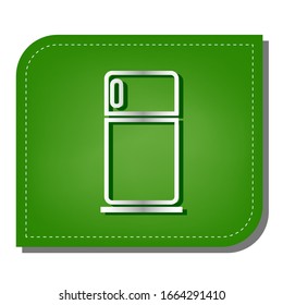 Ilustración del signo del refrigerador. Icono de línea de gradiente plateado con sombra verde oscuro en hoja verde con parches ecológicos. Ilustración.