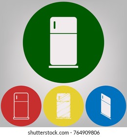 Refrigerator sign illustration. Vector. 4 white styles of icon at 4 colored circles on light gray background.