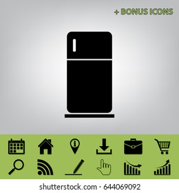 Refrigerator sign illustration. Vector. Black icon at gray background with bonus icons at celery ones