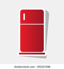 Refrigerator sign illustration. Vector. New year reddish icon with outside stroke and gray shadow on light gray background.