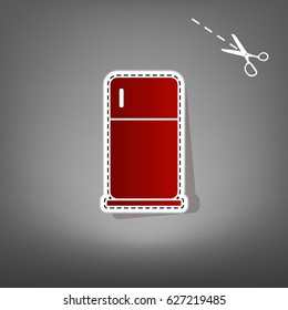 Refrigerator sign illustration. Vector. Red icon with for applique from paper with shadow on gray background with scissors.