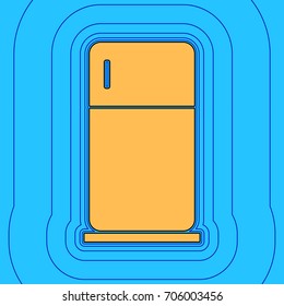 Refrigerator sign illustration. Vector. Sand color icon with black contour and equidistant blue contours like field at sky blue background. Like waves on map - island in ocean or sea.