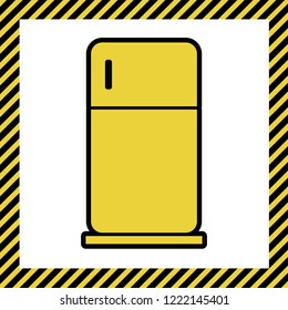 Refrigerator sign illustration. Vector. Warm yellow icon with black contour in frame named as under construction at white background. Isolated.