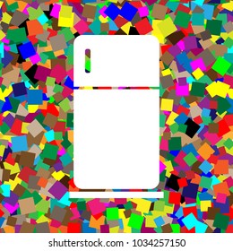 Refrigerator sign illustration. Vector. White icon on colorful background with seamless pattern from squares.