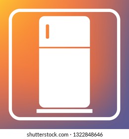 Refrigerator sign illustration. Vector. White icon on transparent button at orange-violet gradient background.
