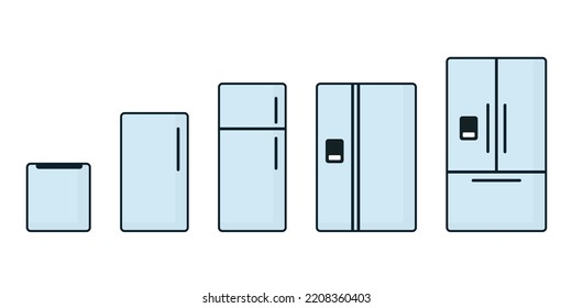 Icono de contorno relleno de la gráfica de tamaños de refrigerador. Imagen de cliente aislada en fondo blanco