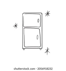 Refrigerator and snowflakes. Vector illustration in sketch style. Sketchy fridge on white background. Free hand drawn. Vector illustration.