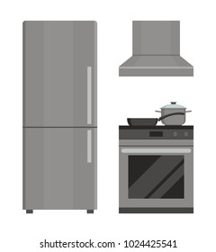 Refrigerator, stove, kitchen hood. Flat design. Vector illustration.