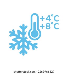 Refrigerator temperature with snowflake and thermometer icon. +4, 8 degrees above zero refrigerated symbol.