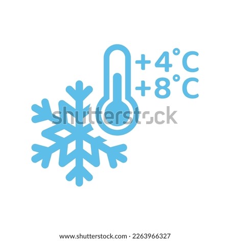 Refrigerator temperature with snowflake and thermometer icon. +4, 8 degrees above zero refrigerated symbol.