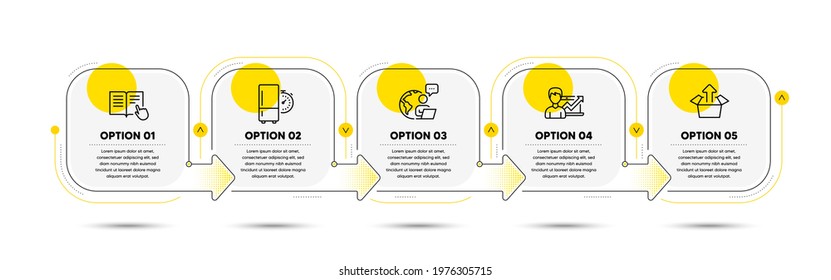 Refrigerator timer, Success business and Send box line icons set. Timeline process flowchart. Read instruction sign. Kitchen fridge, Growth chart, Delivery package. Opened book. Business set. Vector