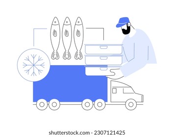 Ilustración vectorial de concepto abstracto de camión refrigerador. Los trabajadores cargan pescado en una máquina frigorífica, transporte de mercancías por carretera, vehículo industrial, metáfora abstracta de entrega de carga.