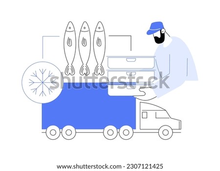 Refrigerator truck abstract concept vector illustration. Workers load fish into a refrigerator machine, highway goods transportation, industrial vehicle, freight delivery abstract metaphor.