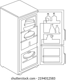 Refrigerator with two doors for food storage. Kitchen electrical equipment. Continuous line drawing. Linear vector illustration, isolated on white background