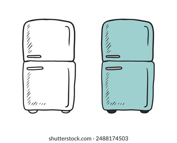 Refrigerator with two sections in black isolated on white background. Hand drawn vector sketch illustration in doodle engraved vintage line art style. Kitchen equipment, product storage