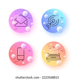 Refrigerator, Typewriter and Receive mail minimal line icons. 3d spheres or balls buttons. Target icons. For web, application, printing. Wifi fridge, Instruction, Incoming message. Vector