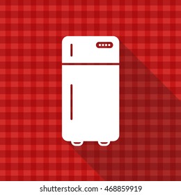 Refrigerator vector icon on red tablecloth texture with long shadow design 