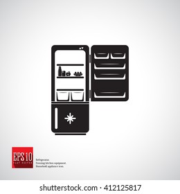 Refrigerator vector icon with two compartments and freezer with one door open and place for bottles. Refrigerator with food. Kitchen appliance. Household equipment. Detailed icon of kitchen appliance.