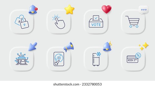 Refrigerator, Vote box and Distribution line icons. Buttons with 3d bell, chat speech, cursor. Pack of Locks, Market sale, Hdd icon. Cashback, Touchpoint pictogram. For web app, printing. Vector