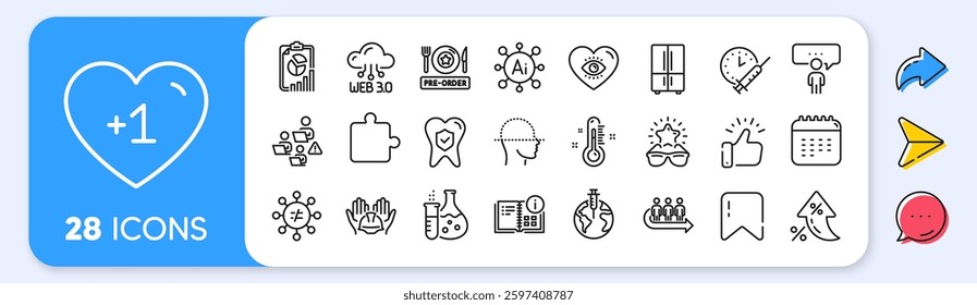 Refrigerator, Web3 and Report line icons. Interest rate, AI generate, Inflation icons. Pack of Consulting business, Builders union, Thermometer icon. Vector