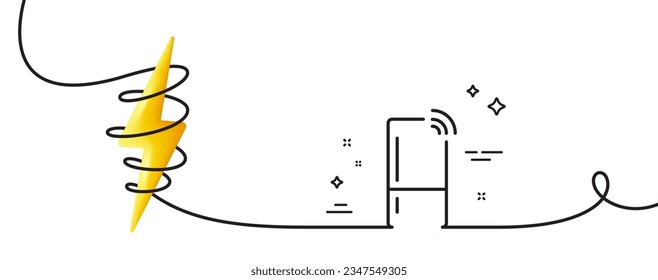 Refrigerador con icono de línea de función wifi. Una línea continua con curl. Signo de frijol. Símbolo de almacenamiento congelador. Cinta de contorno único del refrigerador. Curva de bucle con energía. Vector