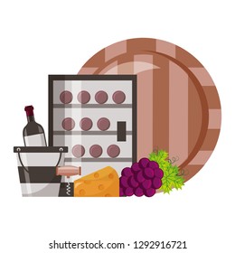 refrigerator wine bottles barrel bucket cheese grapes vector illustration