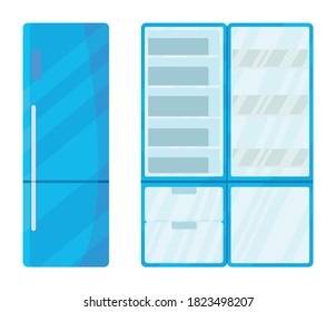 Refrigerator without food. Open, empty and closed fridge, flat vector image. Keep food fresh vegetables and fruits