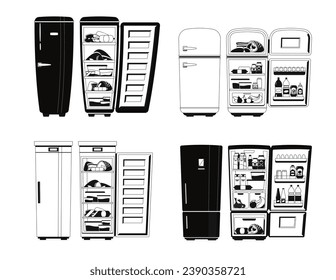 Refrigerators Black and White Icons set. Appliances That Cool Enclosed Spaces To Preserve Food And Beverages