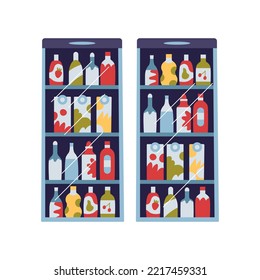 Refrigerators with drinks in a supermarket, grocery store or a shop. Bottles and boxes  of juice, soda, water, lemonade or beer in fridges. Retail showcase. Minimalistic flat hand-drawn illustration