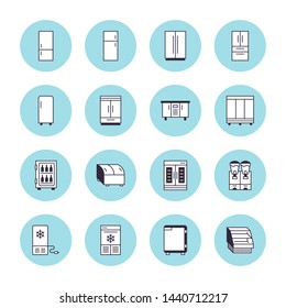 Refrigerators Flat Line Icons. Fridge Types, Freezer, Wine Cooler, Commercial Major Appliance, Refrigerated Display Case. Thin Linear Signs For Household Equipment Shop.