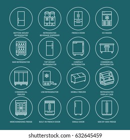 Refrigerators flat line icons. Fridge types, freezer, wine cooler, commercial major appliance, refrigerated display case. Thin signs for household equipment shop. White symbols on dark background.