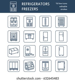 Refrigerators flat line icons. Fridge types, freezer, wine cooler, commercial major appliance, refrigerated display case. Thin linear signs for household equipment shop.