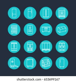 Refrigerators flat line icons. Fridge types, freezer, wine cooler, commercial major appliance, refrigerated display case. Thin linear signs for household equipment shop.